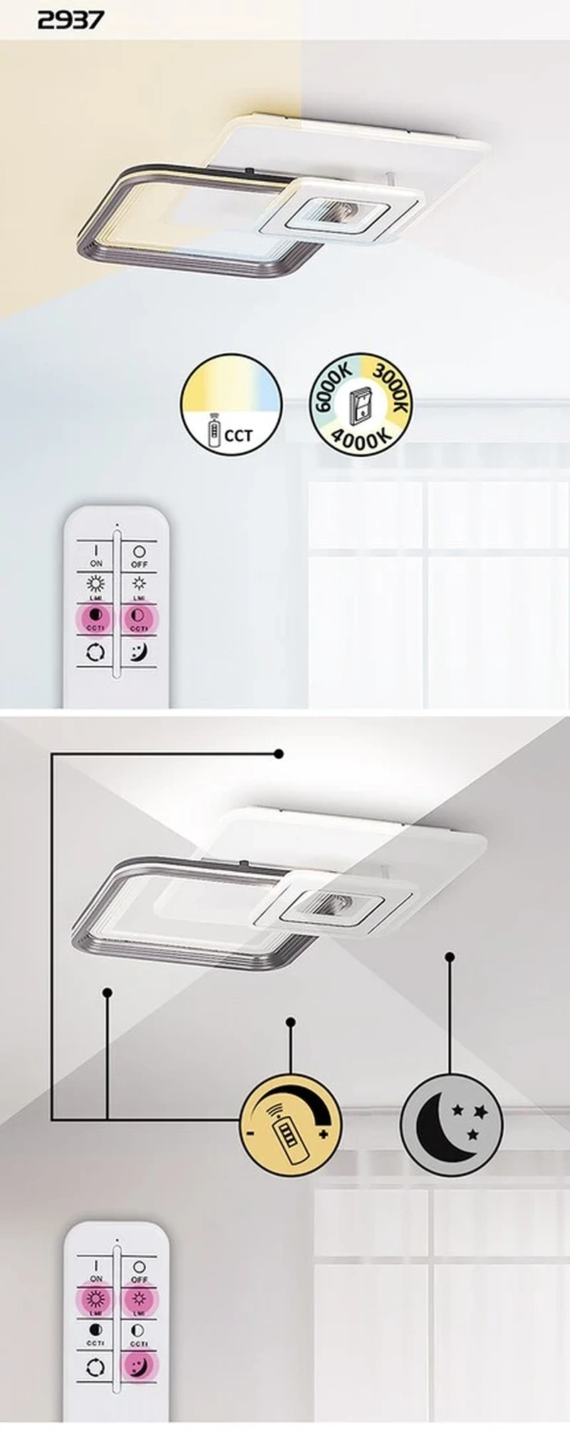 Stregobor – LED плафон в сиво с бял акрилен абажур, 495×495мм, 48W, 3000-6000K