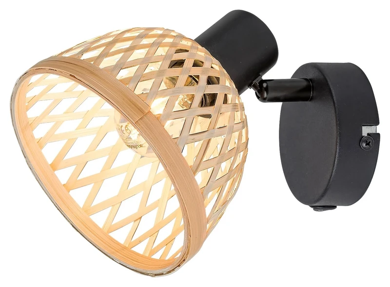 Rattan – индустриален спот в черен мат с ратанов абажур, Ø135мм, 1×E14