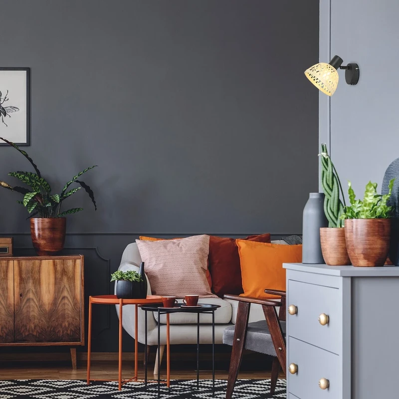 Rattan – индустриален спот в черен мат с ратанов абажур, Ø135мм, 1×E14