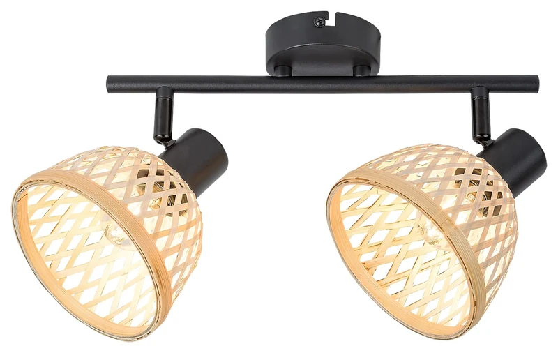 Rattan – индустриален спот с 2 тела в черен мат с ратанови абажури, Ø135мм, 2×E14
