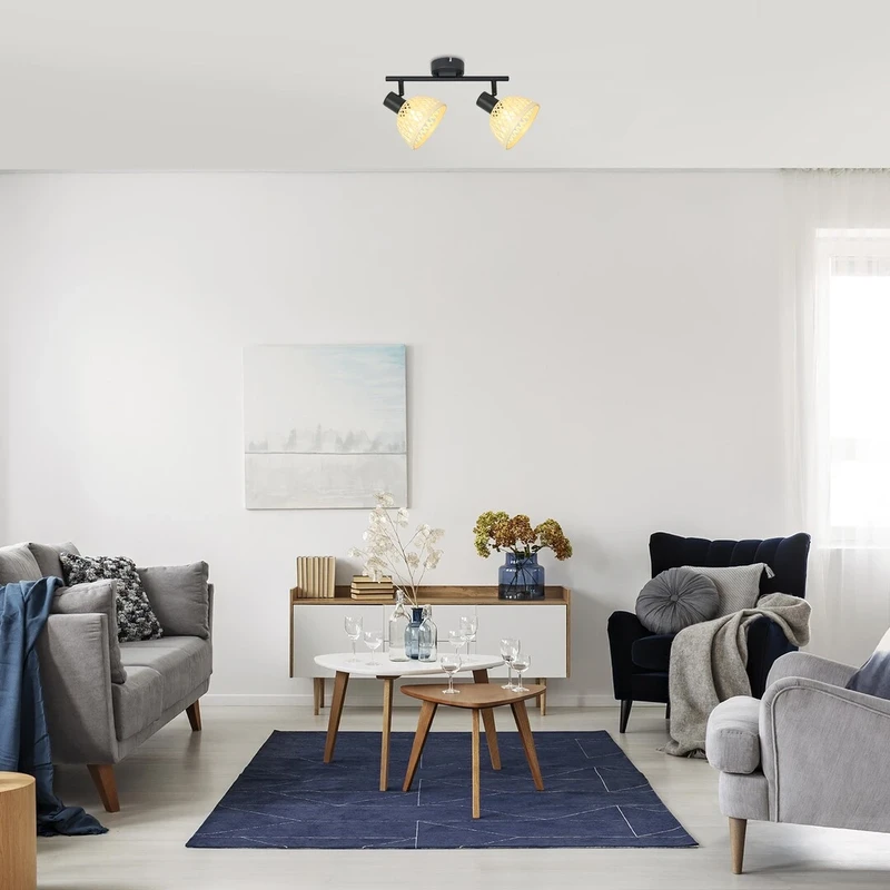 Rattan – индустриален спот с 2 тела в черен мат с ратанови абажури, Ø135мм, 2×E14