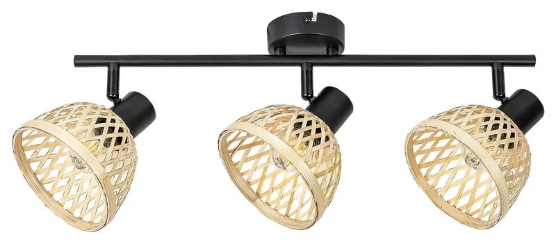 Спотове Rattan – индустриален спот с 3 тела в черен мат с ратанови абажури, 520мм, 3×E14