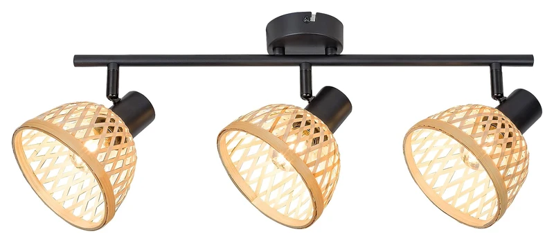 Rattan – индустриален спот с 3 тела в черен мат с ратанови абажури, 520мм, 3×E14