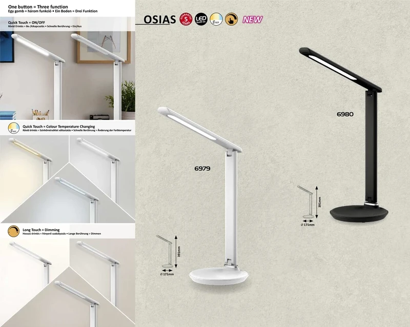 Osias – LED настолна лампа в бяло, Ø171мм, 9W, 2700-6500K