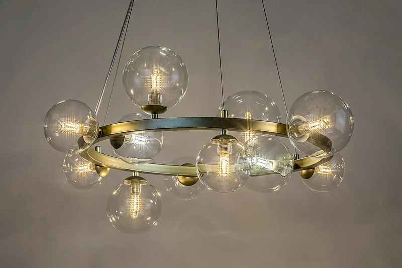 Aslov – модерен LED пендел в златисто с прозрачно стъкло, Ø500мм, 11×G9