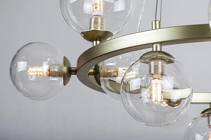 Aslov – модерен LED пендел в златисто с прозрачно стъкло, Ø500мм, 11×G9