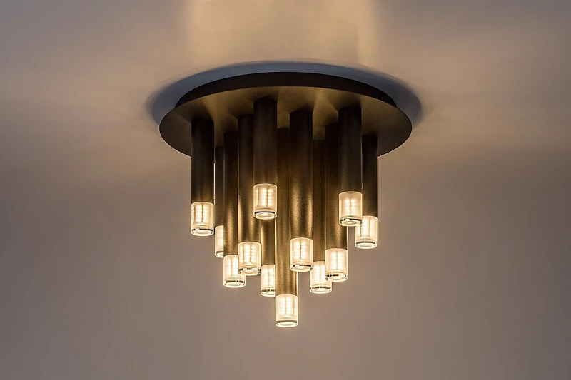 Ramira – модерен LED плафон в черно с прозрачен акрил, Ø340мм, 13×G9