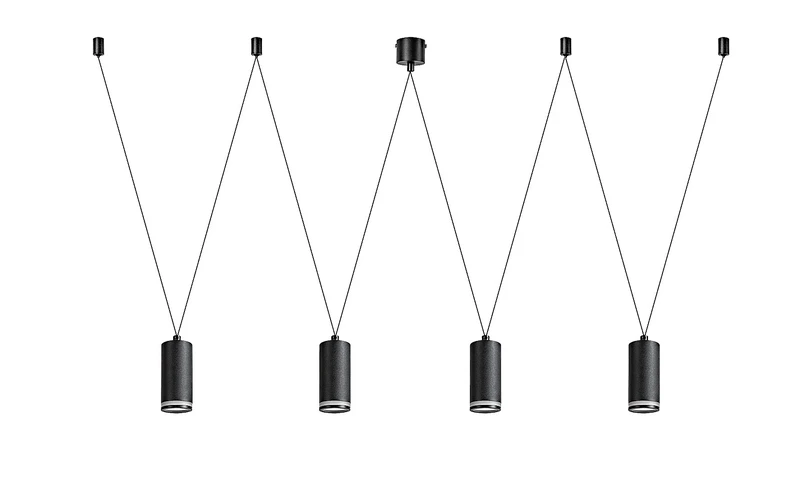 Senobia – модерен LED пендел в черно с бели абажури, 4×GU10, 300–3200мм
