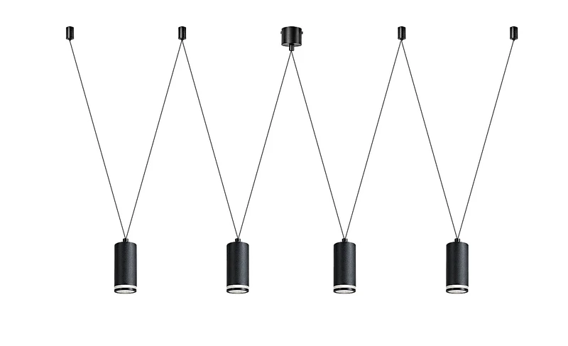 LED пендели и полилеи Senobia – модерен LED пендел в черно с бели абажури, 4×GU10, 300–3200мм