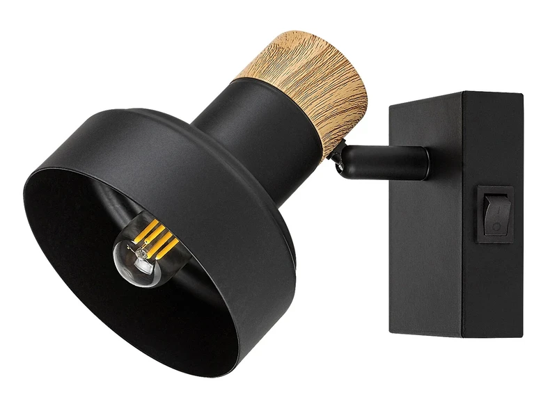 Saskia – скандинавски спот в черно с дъбов акцент, Ø100мм, 1×E14