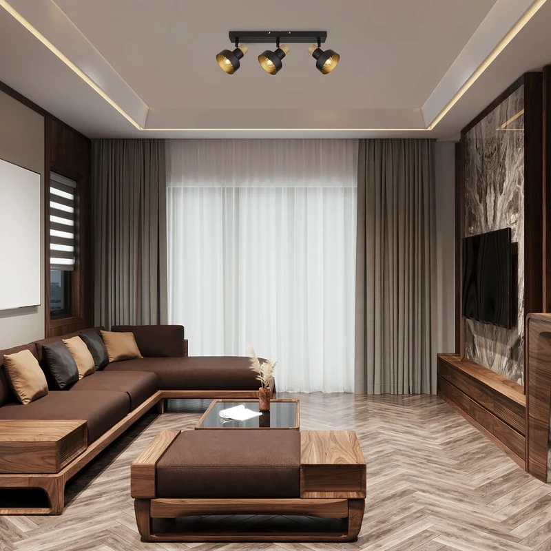 Saskia – тройна спот лампа в черно с дъб, 450×100мм, 3×E14, IP20