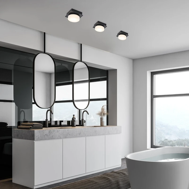 Attichus – LED плафон за баня в черен мат с бял абажур, 130×130мм, 5W, 4000K