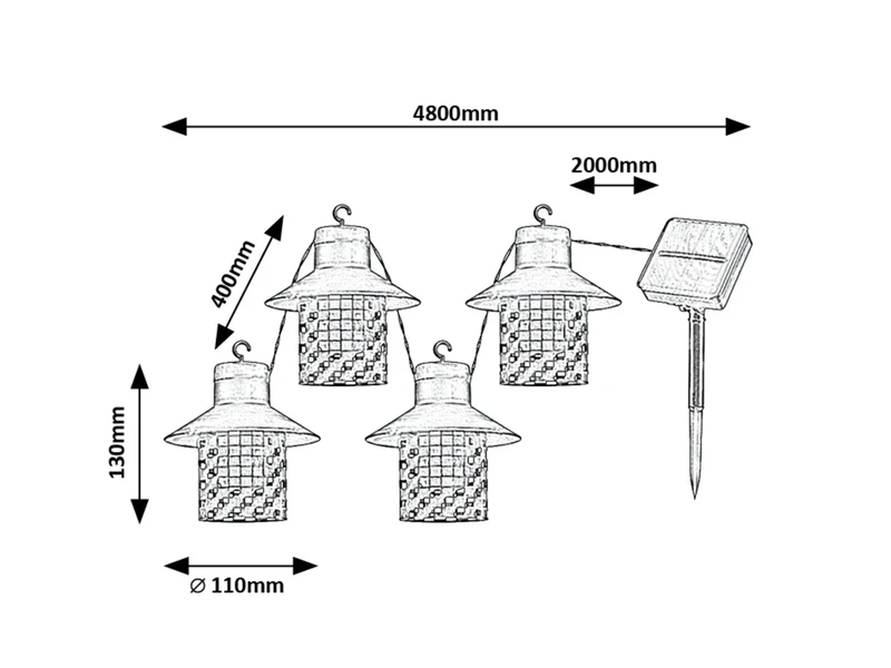 Ximpu – соларна LED гирлянда в черно с бели абажури, 4800мм, 8×0.1W, 2700K