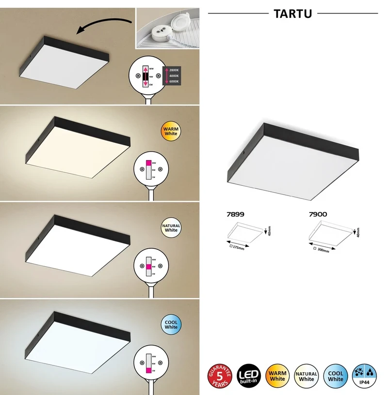 Tartu – LED плафон за тераса в черен мат, 300×300мм, 24W, 2800-6000K, IP44